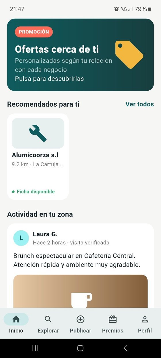 Pantalla de inicio con promociones y negocios recomendados